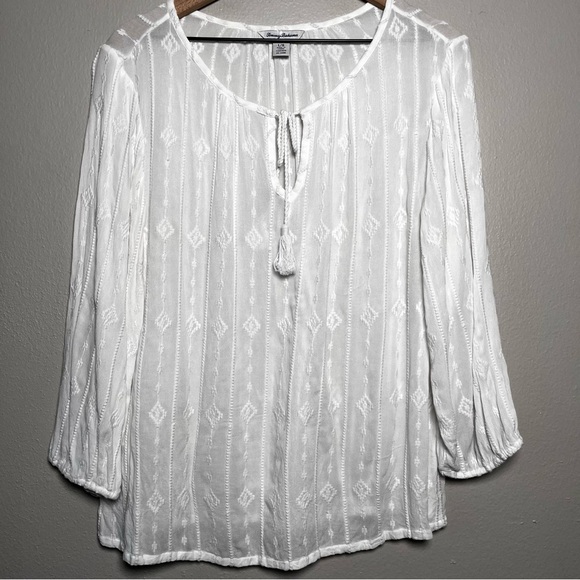 Tommy Bahama Women Top Large White Embroidered Tie Neck Peasant Cottagecore Boho - Picture 1 of 9